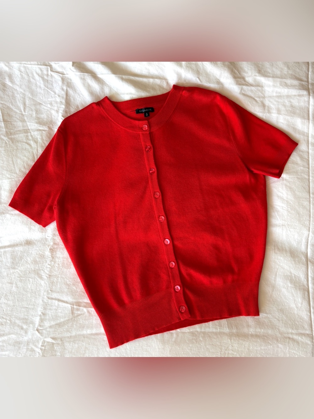 Dynamite Becca Short Sleeve  Crewneck Button Cardigan in Vibrant Red